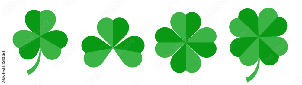 Poster Flat shamrock icons vector set. Four leaf clover icon. Happy St Patricks day. Leaf clover on isolated background. Good luck four leaf clover flat icons for apps and websites.