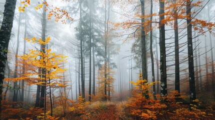 Obraz premium Foggy fall woods in Europe