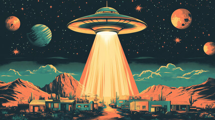 an alien spaceship, stylized depiction of a classic flying saucer beaming down light over a small desert town, reminiscent of vintage 1950s sci-fi movie posters