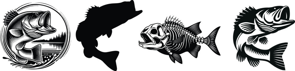 Collection of bass fish, fish club logo design, vector illustration.
