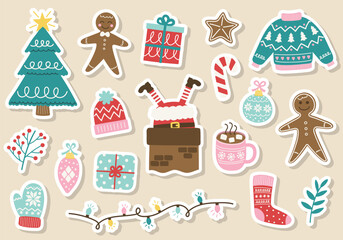 Collection of colourful Christmas stickers. Christmas tree, ball, present, sock, cookie, cup, hat, sweater, gloves. Vector illustration