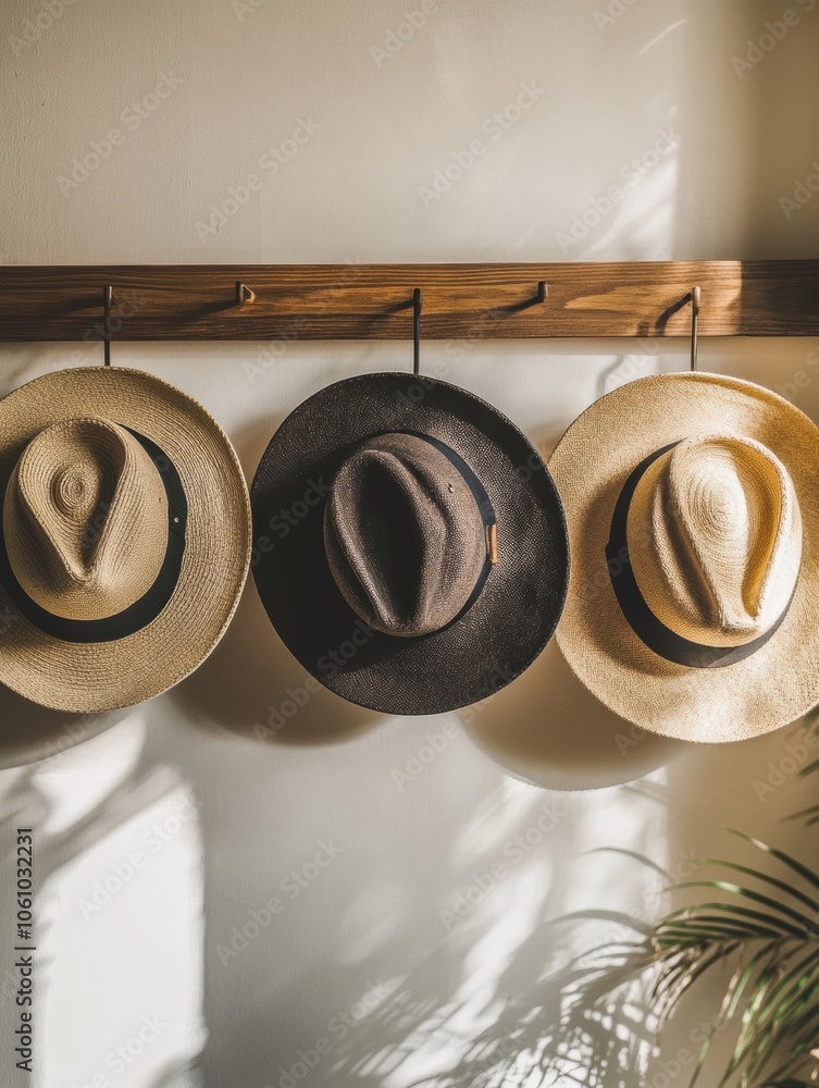 Aufkleber three distinct classic fedora hats are displayed on a wooden rack, warmed by sunlight filtering thro