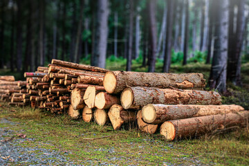 A panoramic view of a forestry landscape features a large pile of brown pine and spruce logs stacked along a road, highlighting the timber industry and the ecological impact of logging.