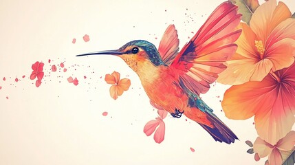 A vibrant hummingbird in flight with delicate flowers and petals scattered in the air.