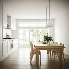 Fototapeta premium A bright and airy kitchen with a dining area. The kitchen features white cabinets, a large window, and a wooden countertop.