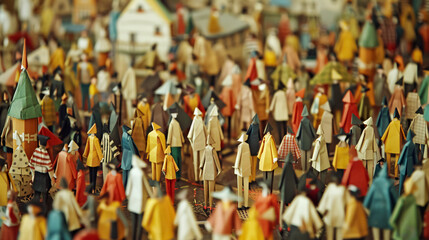 Fototapeta premium Large Crowd of Diverse People in Origami Form Inside a Town