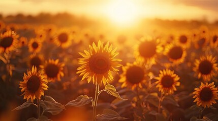 A field of sunflowers basking in the golden glow of the setting sun.