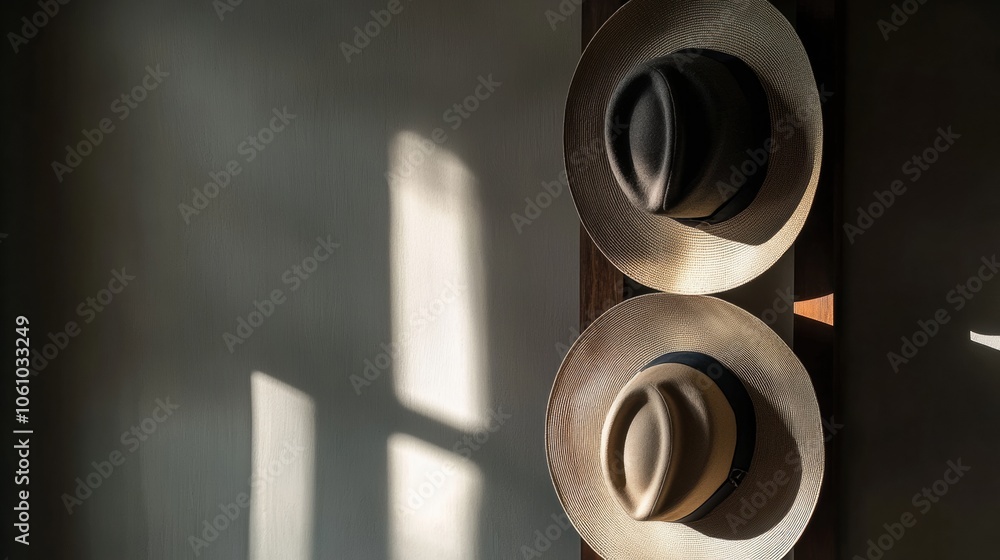 Poster Two classic fedora hats hang on a wooden surface, illuminated by natural light, creating interesting shadows in a warm space. Generative AI