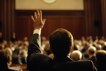 Person seen from behind, raising hand confidently in a crowded conference room, warm lighting, focus on hand gesture, medium close-up 6