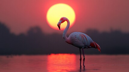 Fototapeta premium Pink flamingo stands in shallow water with a large red sun setting in the background.