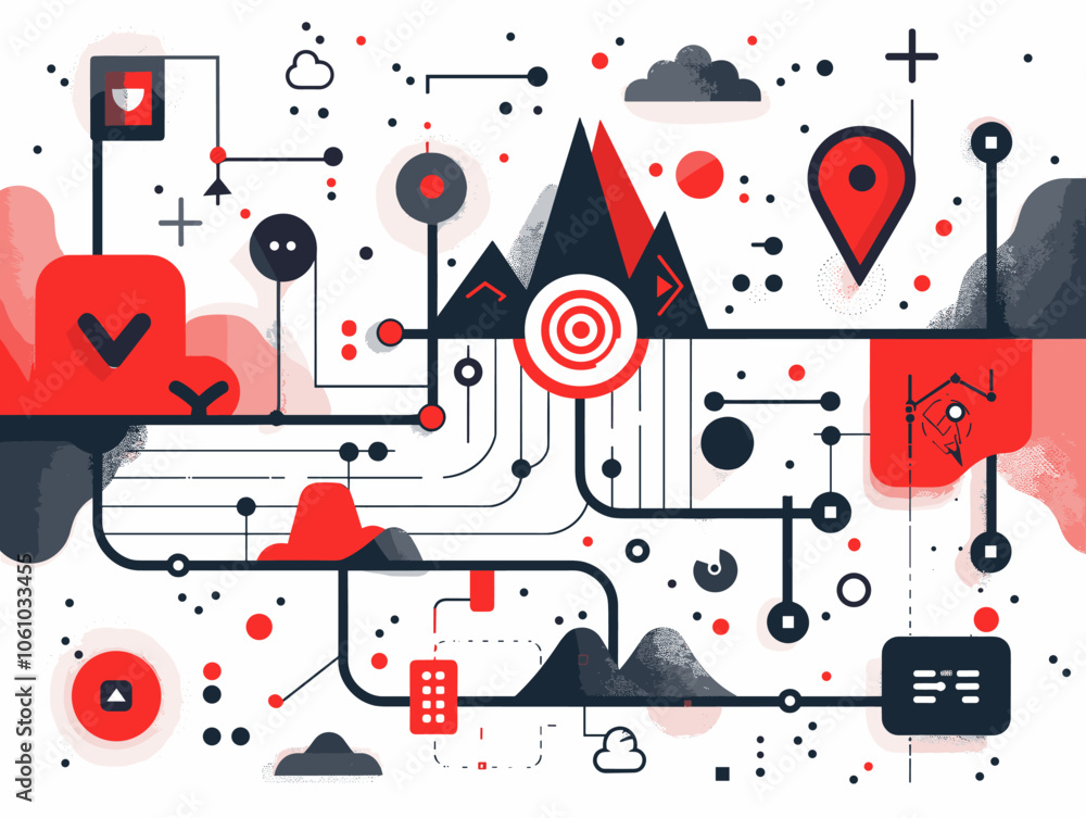 Poster colorful drawing of a mountain range with a red arrow pointing to a target. the drawing is abstract 