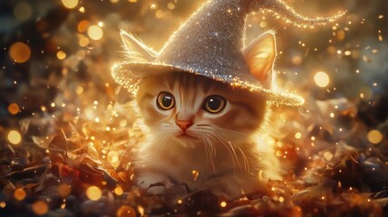 A cute kitten in a sparkly witch hat surrounded by autumn leaves and twinkling lights.