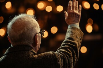 Older man from behind raising hand in a business conference, thoughtful gesture under warm lights, focused medium close-up capturing his action 2