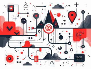 Colorful drawing of a mountain range with a red arrow pointing to a target. The drawing is abstract and has a sense of movement and energy