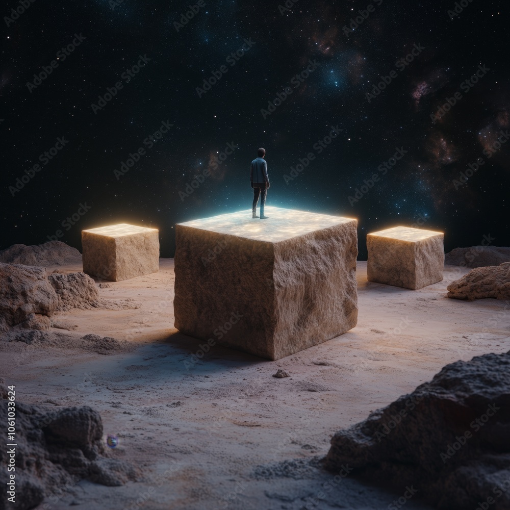 Poster surreal scene of a person on a floating cube in space
