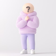 Contemplative character in pastel colors with question mark symbol on white background
