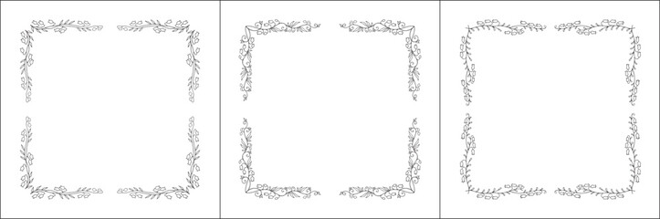 Set of three vegetal vector frames with forest flowers and leaves. Bluebells. Black and white. Vector frame for all sizes and formats. Isolated vector illustration.	
