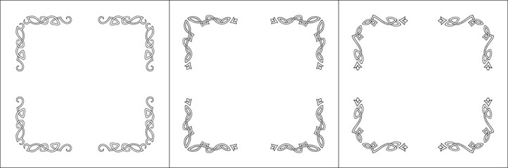 Set of three frames. Elegant Scandinavian black and white ornamental frame, decorative border, corners. Isolated vector illustration.	
