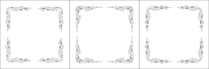 Set of three vector decorative frames. Vegetal frame with grapevine, decorative corners for greeting cards, banners, business cards, invitations, menus. Isolated vector illustration.	