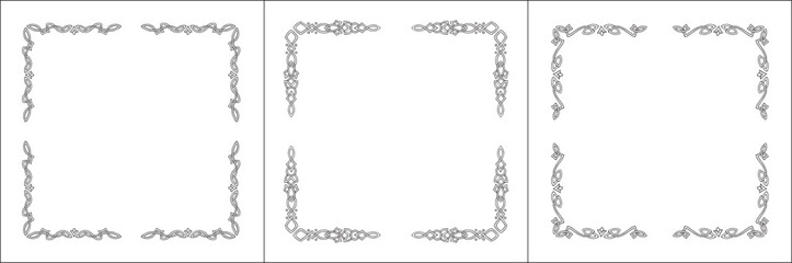 Set of three frames. Elegant Scandinavian black and white ornamental frame, decorative border, corners. Isolated vector illustration.	
