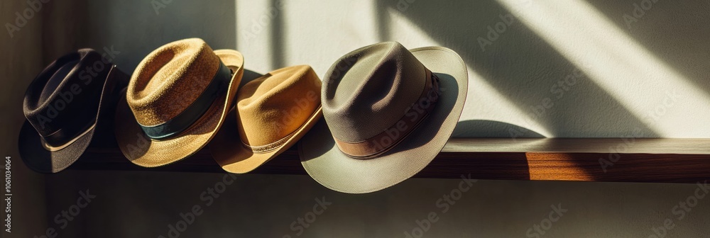 Poster classic fedora hats of various colors rest neatly on a wooden shelf, illuminated by soft natural lig