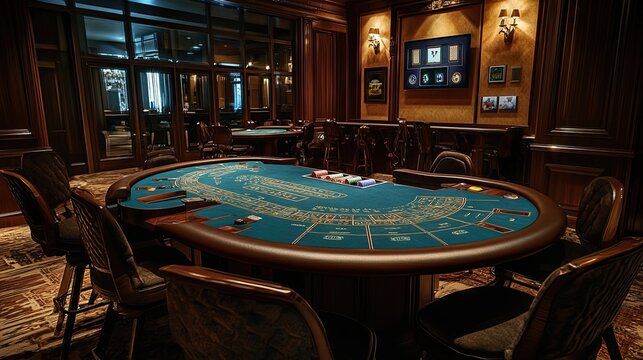 A luxurious casino setting with a large, green felt table and chairs awaiting players.