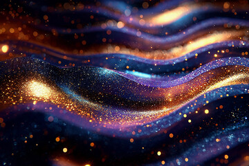 Glitter Violet Blue Gold Wave Stripes Design. Shiny golden moving lines design element on dark background	