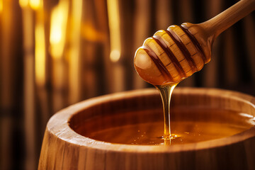 Golden honey flows from a wooden honey dipper into a rustic barrel, highlighting its rich texture and natural sweetness. Warm and appetizing close-up