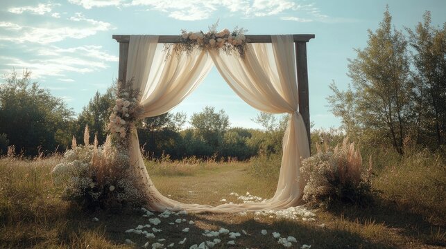 Rustic wedding archway decorated with white flowers and sheer fabric, ready for the ceremony.