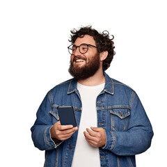 Happy Man with Beard Using Smartphone Casual Style Denim Jacket Smiling