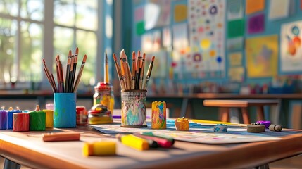A wooden table in an art studio with paintbrushes, paints, and art supplies.
