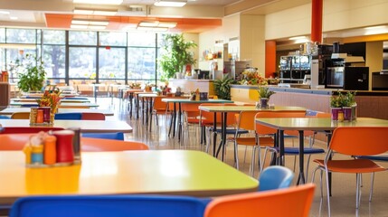 A colorful cafeteria with tables and chairs ready for lunch.
