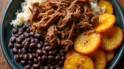 Venezuelan Pabellón Criollo with Shredded Beef, Rice, Black Beans, and Plantains
