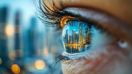 Close-up of a person's eye reflecting a city skyline with lights and buildings in the pupil
