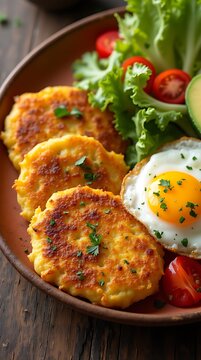 Ecuadorian Llapingachos with Fried Egg and Fresh Salad in Traditional Style