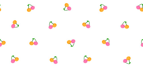 Seamless Vector Pattern with Twin Cherries. Hand Drawn Trendy Endless Print with Yellow and Pink Cherries Isolated on a White Background. Cute Simple Pattern with Happy Fruits. Cherry Wallpaper.	