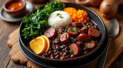 Brazilian Feijoada with Black Beans, Sausage, and Rice in a Traditional Setting
