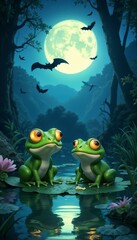 Enchanted scene of frogs by moonlit pond with bats flying in the night sky