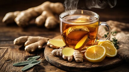 Ginger tea steaming in a clear cup, with slices of ginger and lemon arranged on a rustic table for a cozy atmosphere.