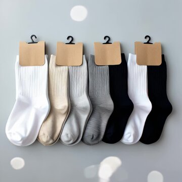 Set of new socks. Socks with clean label for design. Set of socks with cardboard tags for retail. pair of socks in different colors. mock up for advertising, branding, design