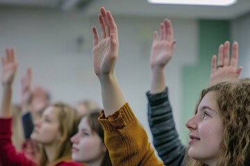Fototapeta premium Close-up of hands raised in an interactive workshop, bright fluorescent light, mixed ages, midday, engaging atmosphere, slight side angle 1