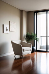 Fototapeta premium Minimalist, japandi interior design of modern living room with accent armchair