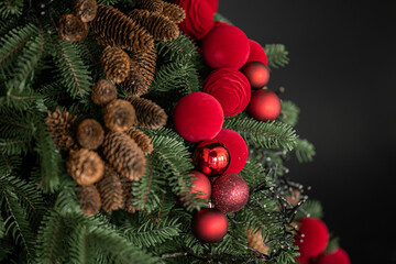 Bed with New Year's decorations. New Year's interior. Christmas tree.
