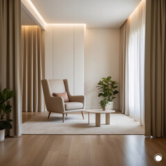 Fototapeta premium Minimalist, japandi interior design of modern living room with accent armchair