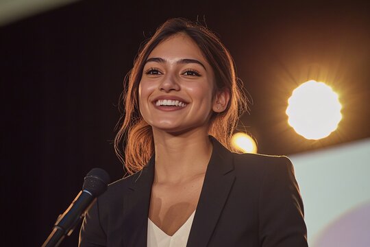 A young Hispanic businesswoman wearing a professional suit, beaming with pride while accepting an award on stage, spotlight on her confident smile, medium close-up of her hands 3