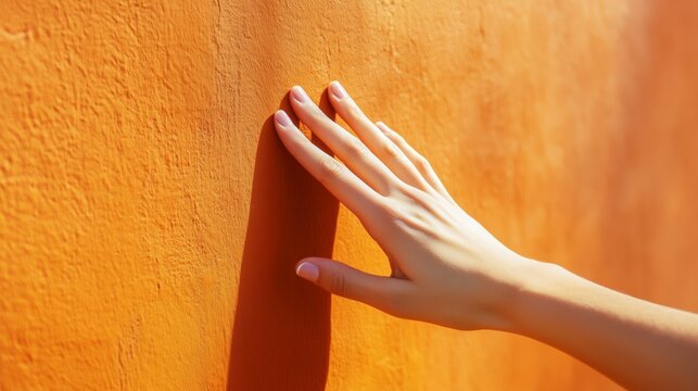 A womans hand is gently touching a vibrant orange wall surface