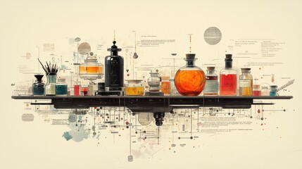 Fototapeta premium Infographic-style image displaying the history of inkwells, using engaging visuals to highlight their evolution and significance in writing.