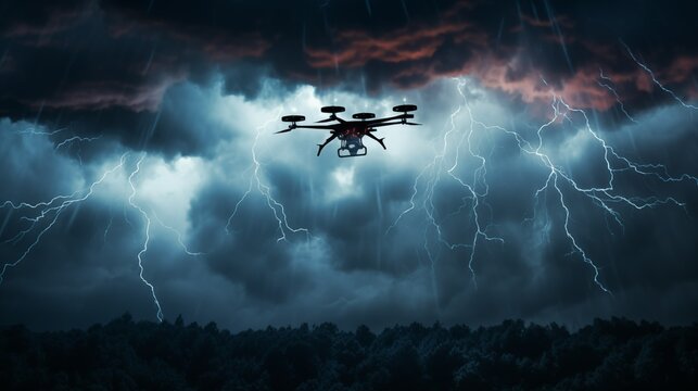 A drone hovers in a dramatic thunderstorm, surrounded by dark clouds and vivid lightning strikes. This image captures the power of technology amidst nature's fury.