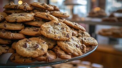 A stack of chocolate chip cookies arranged on a glass plate