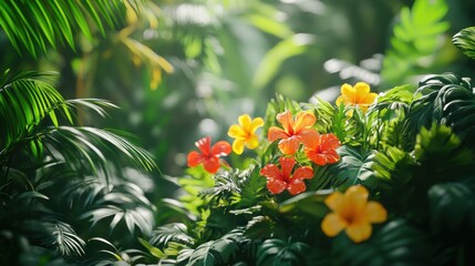 Lush scene of vibrant greenery with exotic plants and colorful flowers, showcasing the rich biodiversity of the jungle ecosystem.